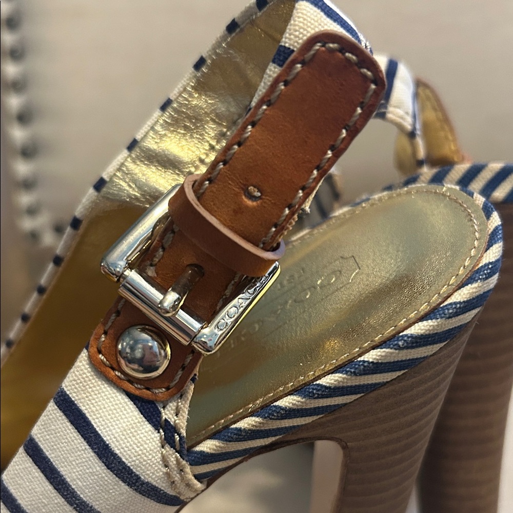Coach Peep-Toe Navy Striped Slingback Heels, Size 9B - Picture 5 of 10